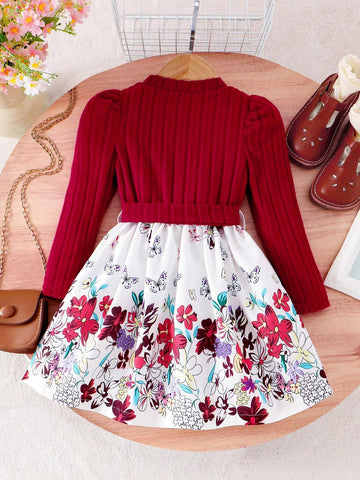 Girls Wine Red Elegant Autumn Knitted Dress, Soft & Comfortable Top With Flower Print Skirt, Fashionable Young Girl Casual Dress