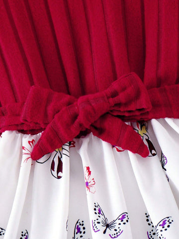 Girls Wine Red Elegant Autumn Knitted Dress, Soft & Comfortable Top With Flower Print Skirt, Fashionable Young Girl Casual Dress
