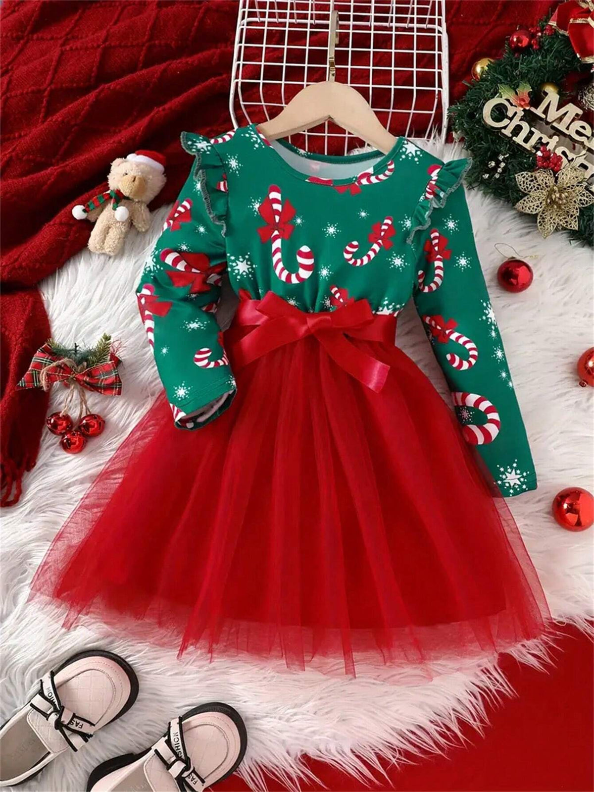 Girls' Winter Christmas Party Princess Dress With Mesh Hem & Lining, Holiday Fun Long Sleeve Christmas Dress