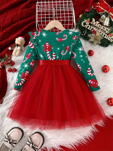 Girls' Winter Christmas Party Princess Dress With Mesh Hem & Lining, Holiday Fun Long Sleeve Christmas Dress