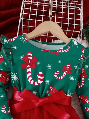 Girls' Winter Christmas Party Princess Dress With Mesh Hem & Lining, Holiday Fun Long Sleeve Christmas Dress