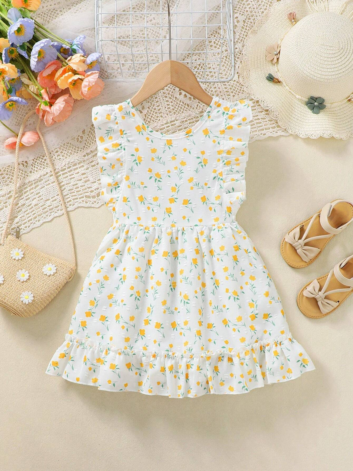 Girls' Woven Floral Holiday Casual Fresh Style Dress