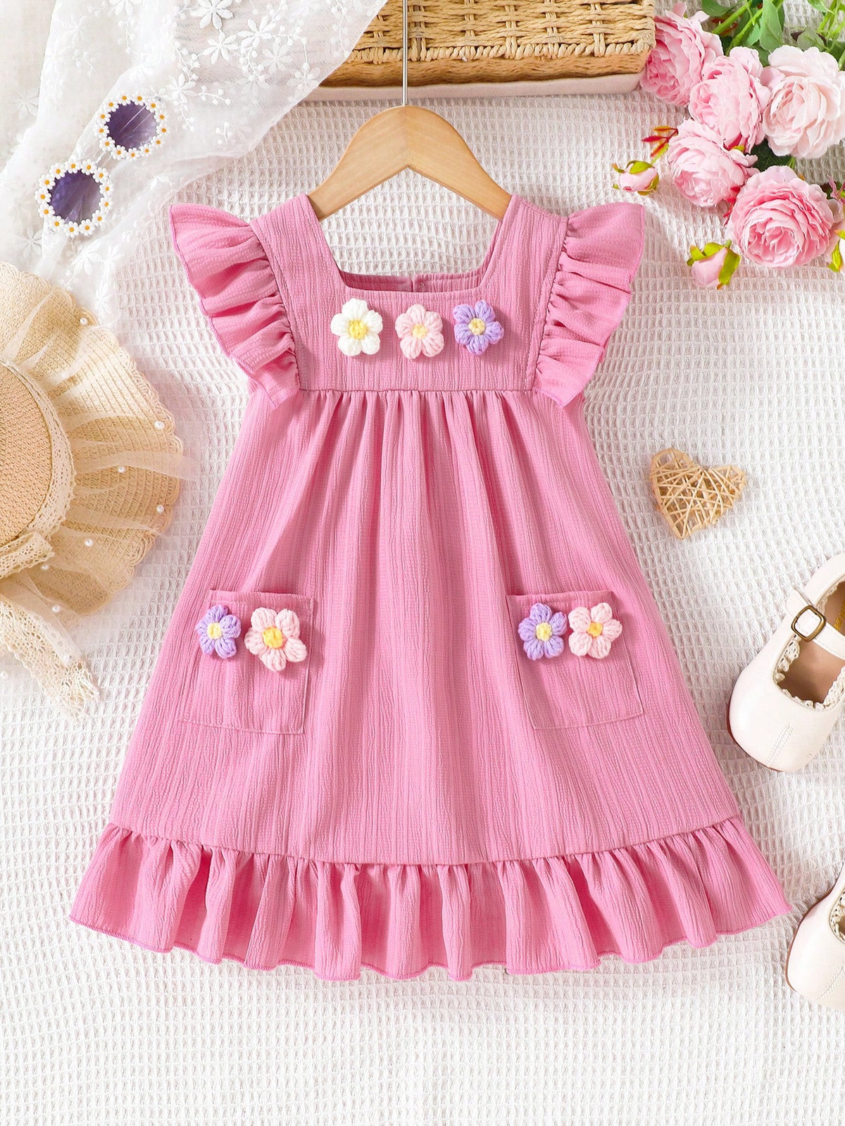 Girls' Woven Square Neck Princess Dress With Sweet Flowers For Summer Holidays