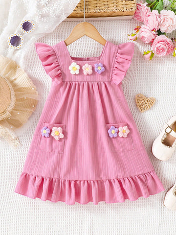 Girls' Woven Square Neck Princess Dress With Sweet Flowers For Summer Holidays