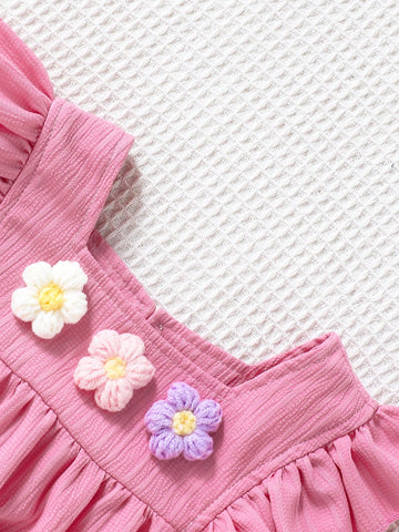 Girls' Woven Square Neck Princess Dress With Sweet Flowers For Summer Holidays