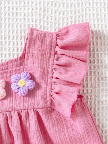 Girls' Woven Square Neck Princess Dress With Sweet Flowers For Summer Holidays