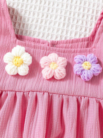 Girls' Woven Square Neck Princess Dress With Sweet Flowers For Summer Holidays
