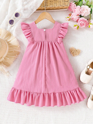 Girls' Woven Square Neck Princess Dress With Sweet Flowers For Summer Holidays