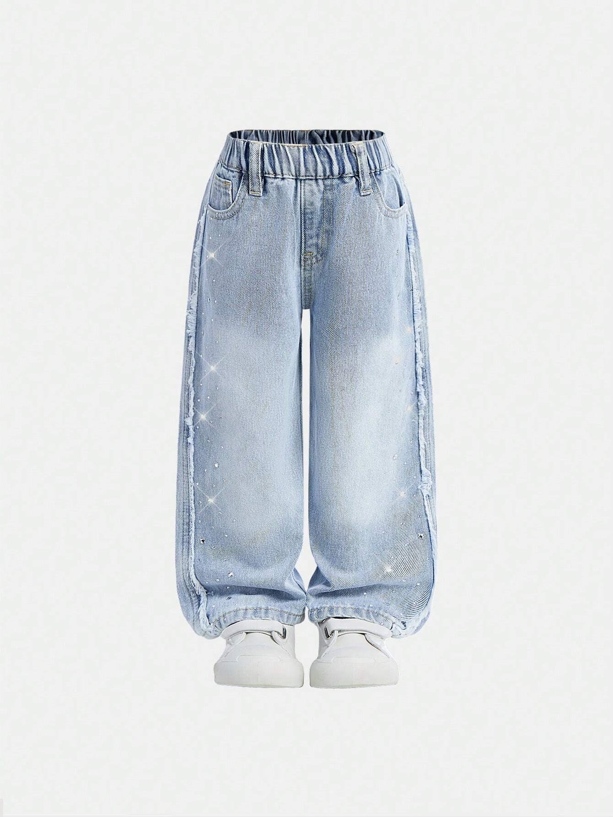 Girls Y2K Rhinestone Frayed Edge Straight Leg Wide Leg Luxury Casual Denim Jeans