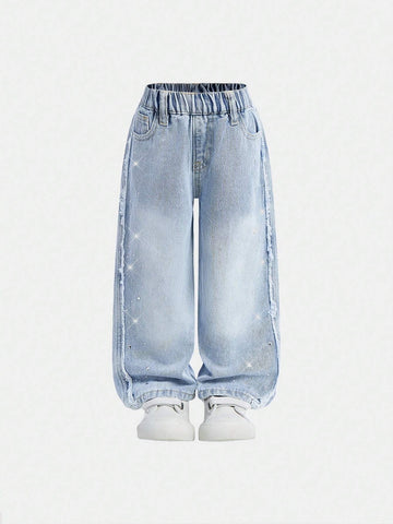 Girls Y2K Rhinestone Frayed Edge Straight Leg Wide Leg Luxury Casual Denim Jeans