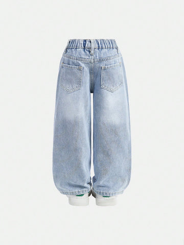 Girls Y2K Rhinestone Frayed Edge Straight Leg Wide Leg Luxury Casual Denim Jeans