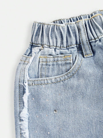 Girls Y2K Rhinestone Frayed Edge Straight Leg Wide Leg Luxury Casual Denim Jeans
