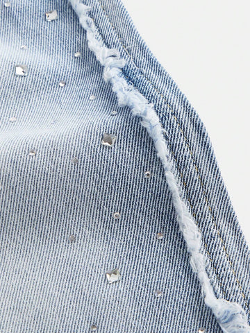 Girls Y2K Rhinestone Frayed Edge Straight Leg Wide Leg Luxury Casual Denim Jeans
