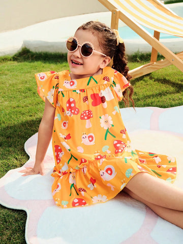 Girls Yellow Cute Digital Print Mushroom Pattern Dress