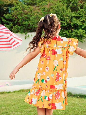 Girls Yellow Cute Digital Print Mushroom Pattern Dress
