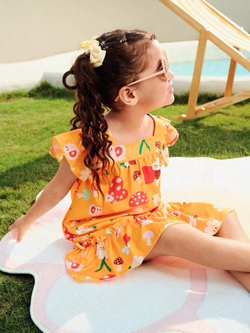 Girls Yellow Cute Digital Print Mushroom Pattern Dress