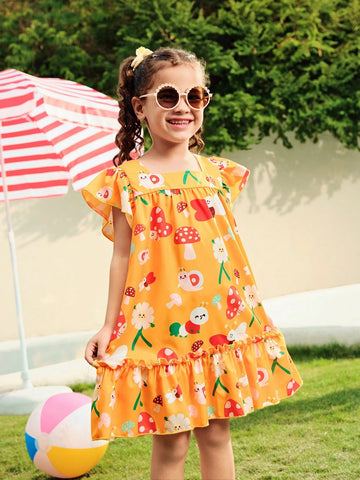 Girls Yellow Cute Digital Print Mushroom Pattern Dress