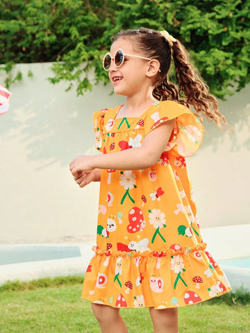 Girls Yellow Cute Digital Print Mushroom Pattern Dress
