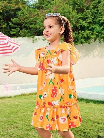 Girls Yellow Cute Digital Print Mushroom Pattern Dress