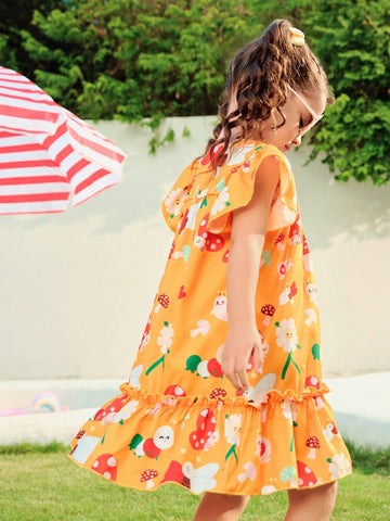 Girls Yellow Cute Digital Print Mushroom Pattern Dress