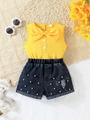Girls' Yellow Vest Top + Black Pearl Decorated Shorts Fashion Set