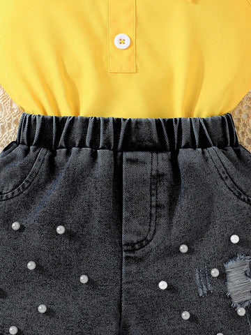 Girls' Yellow Vest Top + Black Pearl Decorated Shorts Fashion Set