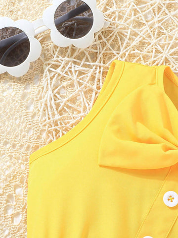 Girls' Yellow Vest Top + Black Pearl Decorated Shorts Fashion Set