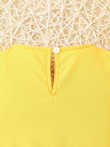 Girls' Yellow Vest Top + Black Pearl Decorated Shorts Fashion Set