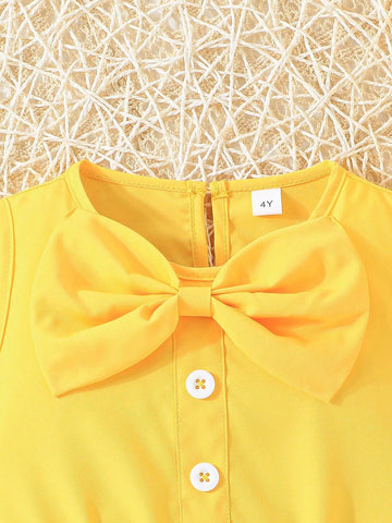 Girls' Yellow Vest Top + Black Pearl Decorated Shorts Fashion Set