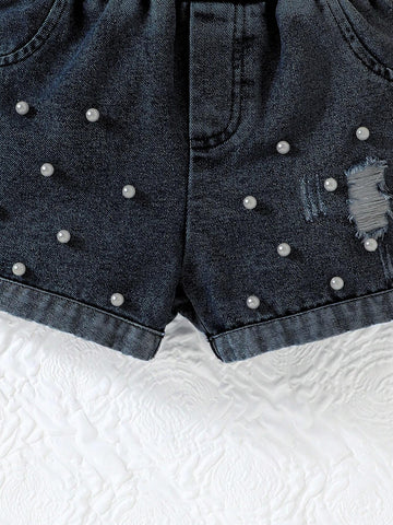 Girls' Yellow Vest Top + Black Pearl Decorated Shorts Fashion Set