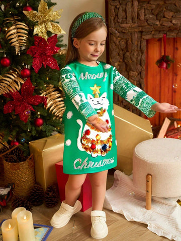 Girls Young Girl Christmas Snowflake Print Green Round Neck Long Sleeve Holiday Casual T-Shirt Dress, Christmas Festival Outfit