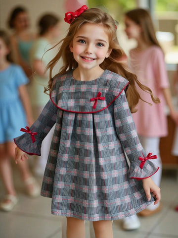 Girls Young Girl Contrast Color Trim Bow Decor Simple Long Sleeve Dress