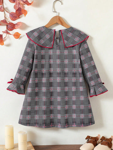 Girls Young Girl Contrast Color Trim Bow Decor Simple Long Sleeve Dress
