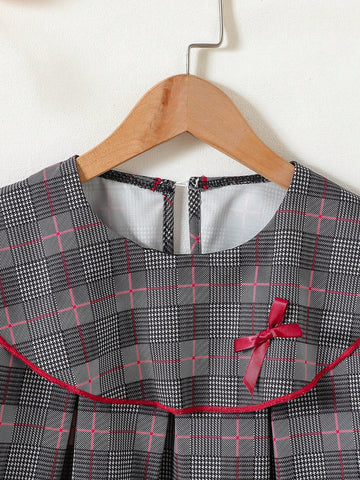 Girls Young Girl Contrast Color Trim Bow Decor Simple Long Sleeve Dress