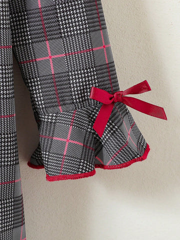 Girls Young Girl Contrast Color Trim Bow Decor Simple Long Sleeve Dress