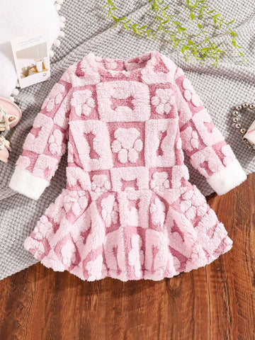Girls Young Girl Coral Fleece Kitty Paw Cuff Decor Long Sleeve Dress, New Style Autumn/Winter