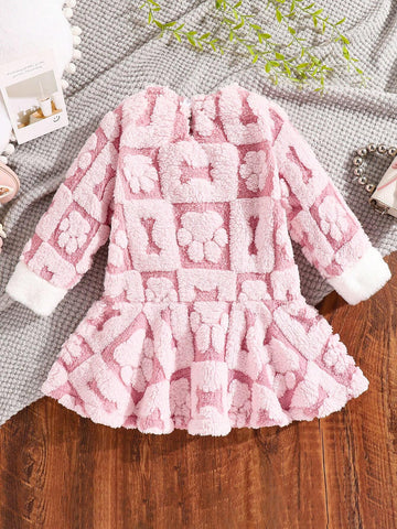 Girls Young Girl Coral Fleece Kitty Paw Cuff Decor Long Sleeve Dress, New Style Autumn/Winter