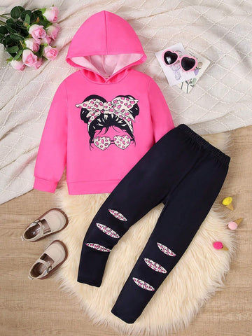 Girls Young Girl Cute Girl Hooded Sweatshirt Set, Autumn/Winter