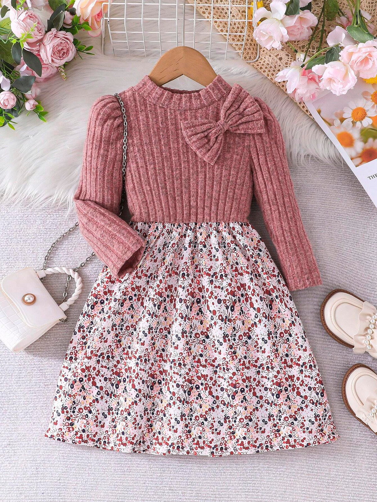 Girls Young Girl Flower Print Patchwork Long Sleeve Knitted Tunic Top & Floral Ornate Print Blue Dress, Elegant And Romantic, Autumn/Winter