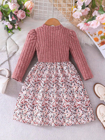 Girls Young Girl Flower Print Patchwork Long Sleeve Knitted Tunic Top & Floral Ornate Print Blue Dress, Elegant And Romantic, Autumn/Winter
