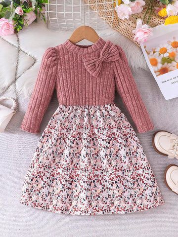 Girls Young Girl Flower Print Patchwork Long Sleeve Knitted Tunic Top & Floral Ornate Print Blue Dress, Elegant And Romantic, Autumn/Winter