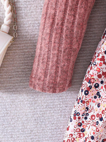 Girls Young Girl Flower Print Patchwork Long Sleeve Knitted Tunic Top & Floral Ornate Print Blue Dress, Elegant And Romantic, Autumn/Winter
