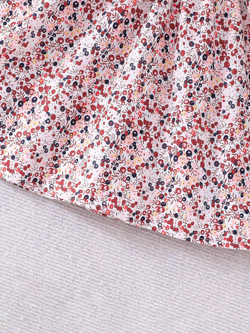 Girls Young Girl Flower Print Patchwork Long Sleeve Knitted Tunic Top & Floral Ornate Print Blue Dress, Elegant And Romantic, Autumn/Winter