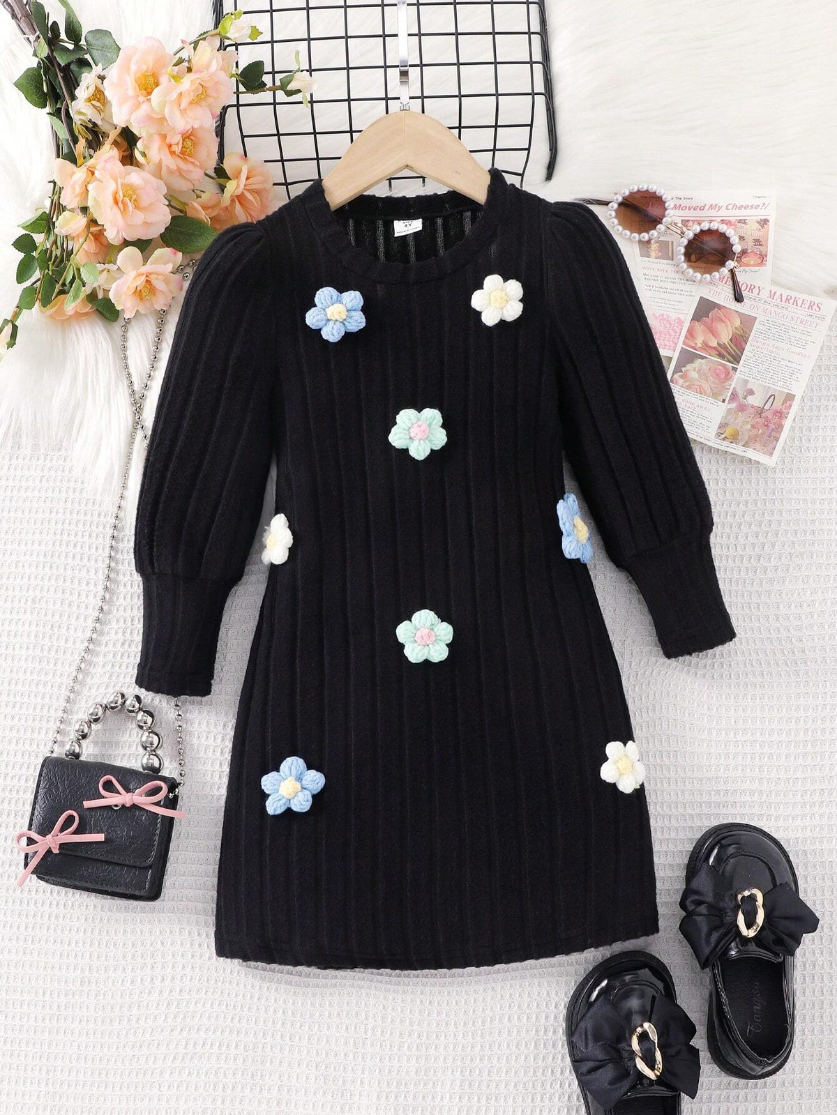 Girls Young Girl Knitted Round Neck Long Sleeve Dress, 3D Floral Fuzzy & Soft Cozy Comfortable Dress, Autumn/Winter