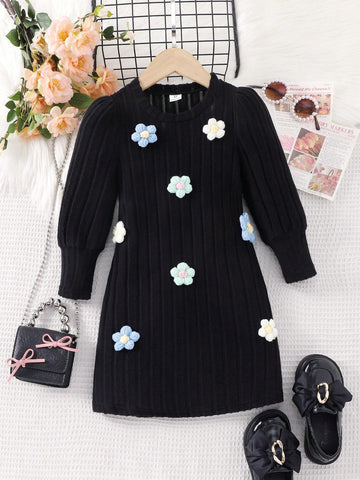 Girls Young Girl Knitted Round Neck Long Sleeve Dress, 3D Floral Fuzzy & Soft Cozy Comfortable Dress, Autumn/Winter
