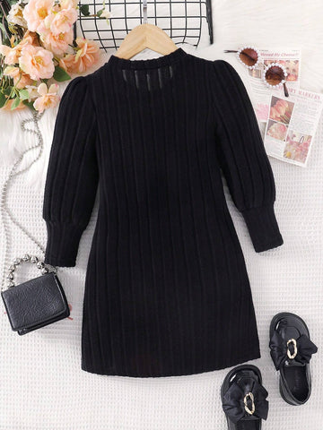 Girls Young Girl Knitted Round Neck Long Sleeve Dress, 3D Floral Fuzzy & Soft Cozy Comfortable Dress, Autumn/Winter