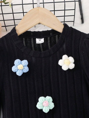 Girls Young Girl Knitted Round Neck Long Sleeve Dress, 3D Floral Fuzzy & Soft Cozy Comfortable Dress, Autumn/Winter
