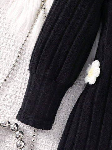 Girls Young Girl Knitted Round Neck Long Sleeve Dress, 3D Floral Fuzzy & Soft Cozy Comfortable Dress, Autumn/Winter