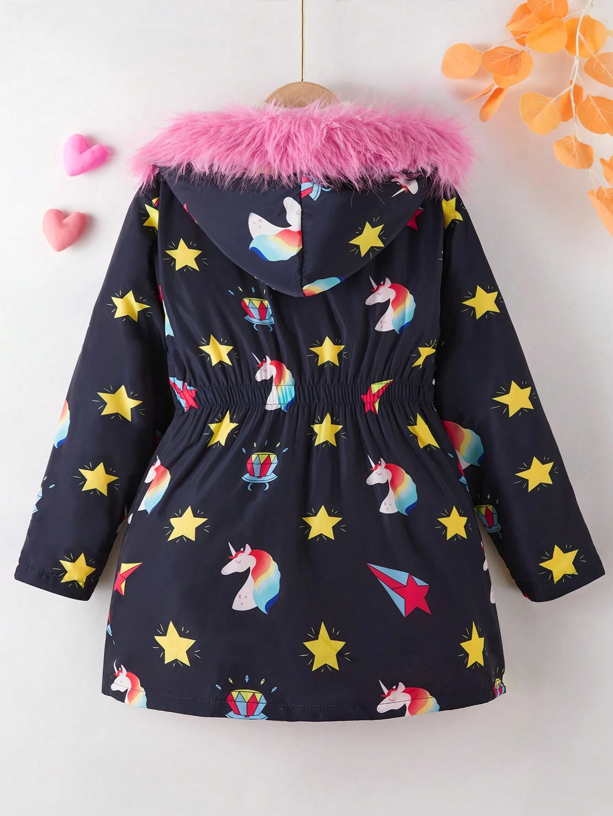 Girls Young Girl New Fashionable Cute Naughty Black Colorful Rainbow Unicorn Diamond Pattern Hooded Thickened Fleece Jacket