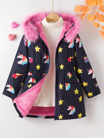 Girls Young Girl New Fashionable Cute Naughty Black Colorful Rainbow Unicorn Diamond Pattern Hooded Thickened Fleece Jacket